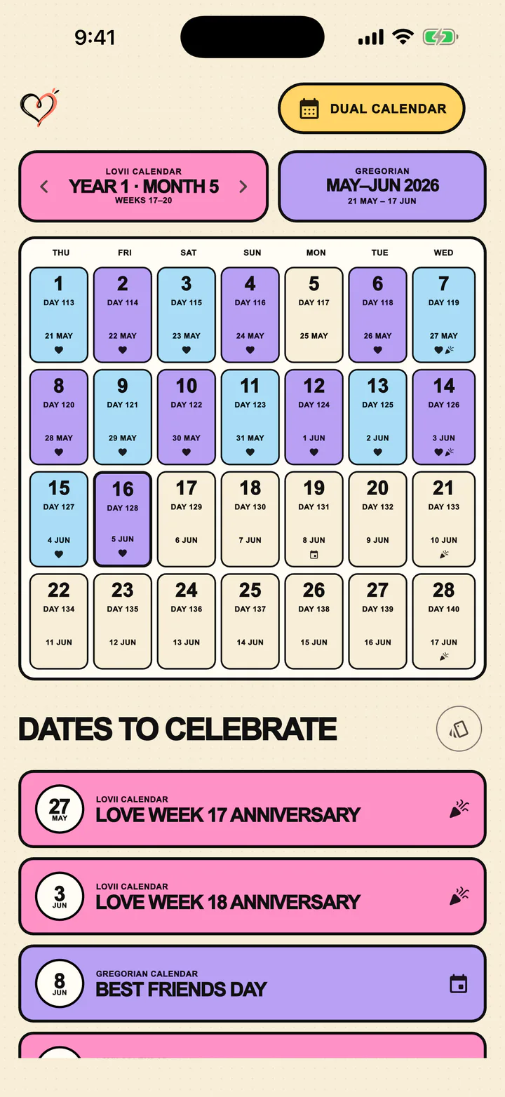 Lovii Calendar with story days, blanks, and celebrations