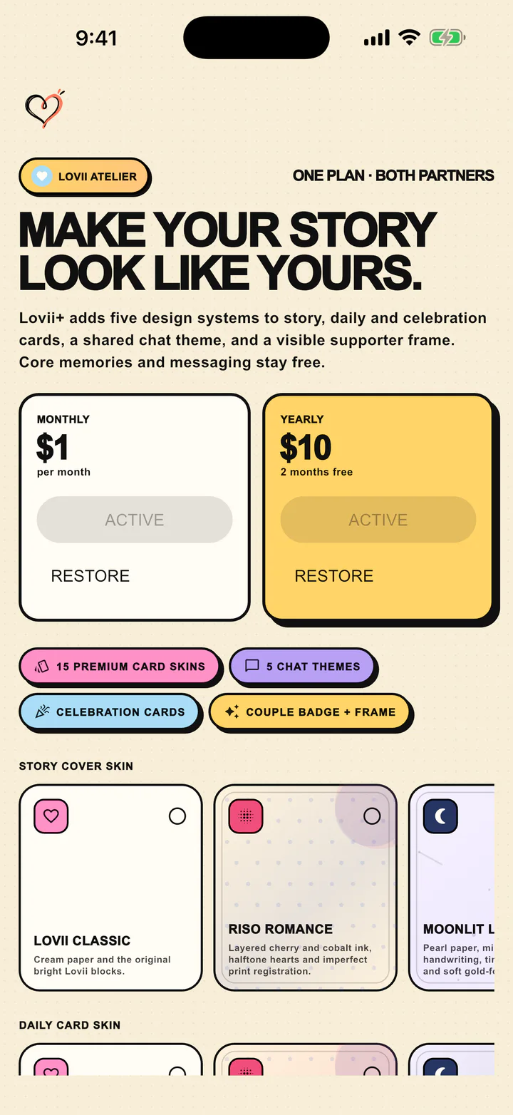 Lovii Plus screen with shared plans and visual design systems